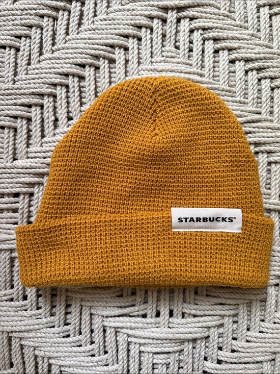 Starbucks Other - Starbucks Knit Beanie Hat Mustard Yellow Cuffed Logo Patch One Size